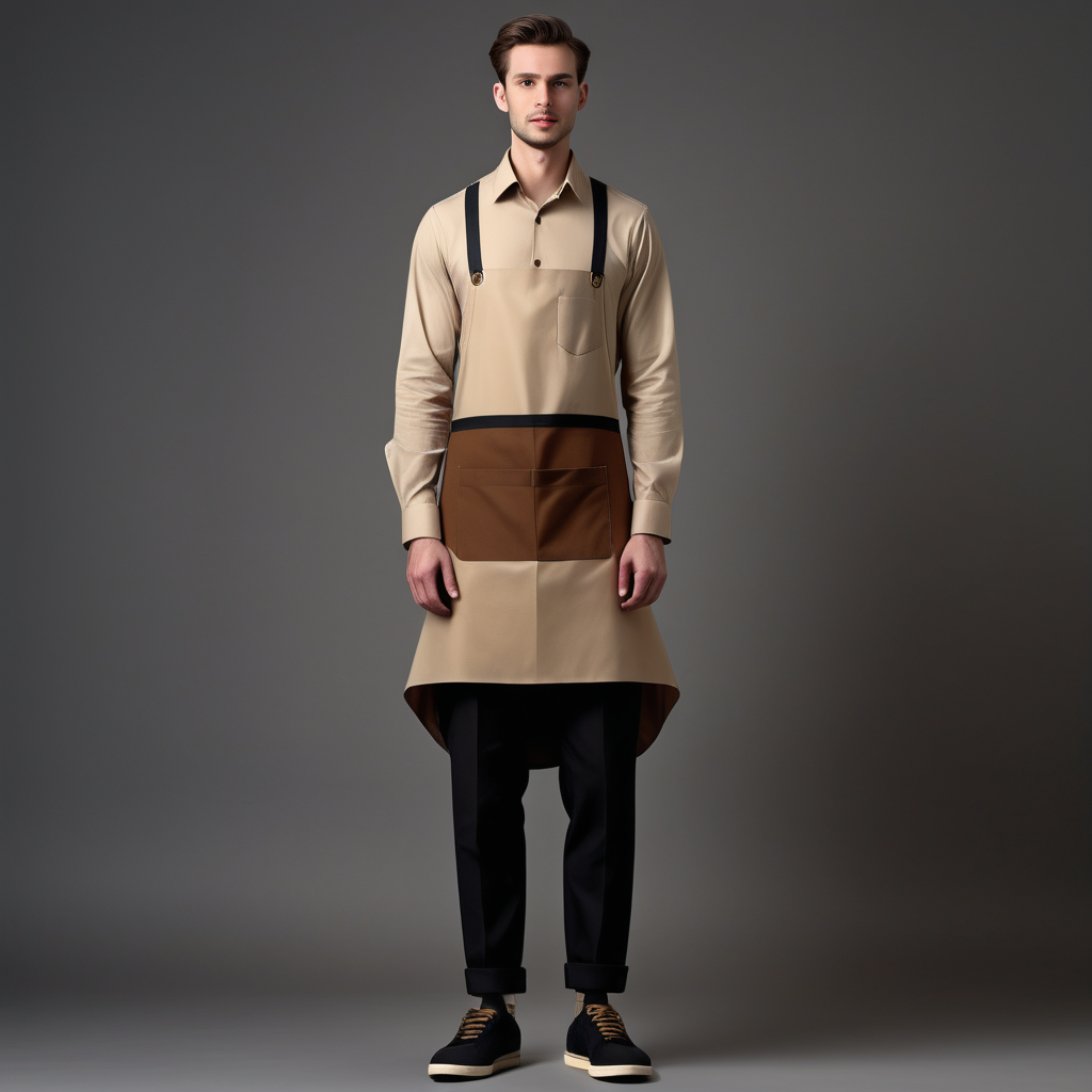 men seller, beige long sleeve shirt, brown	binding, brown shirt button, dark brown classic pant, black sneaker, full body, grey background, modern fashion, uniform design, with long beige apron and pocket and gold small detail