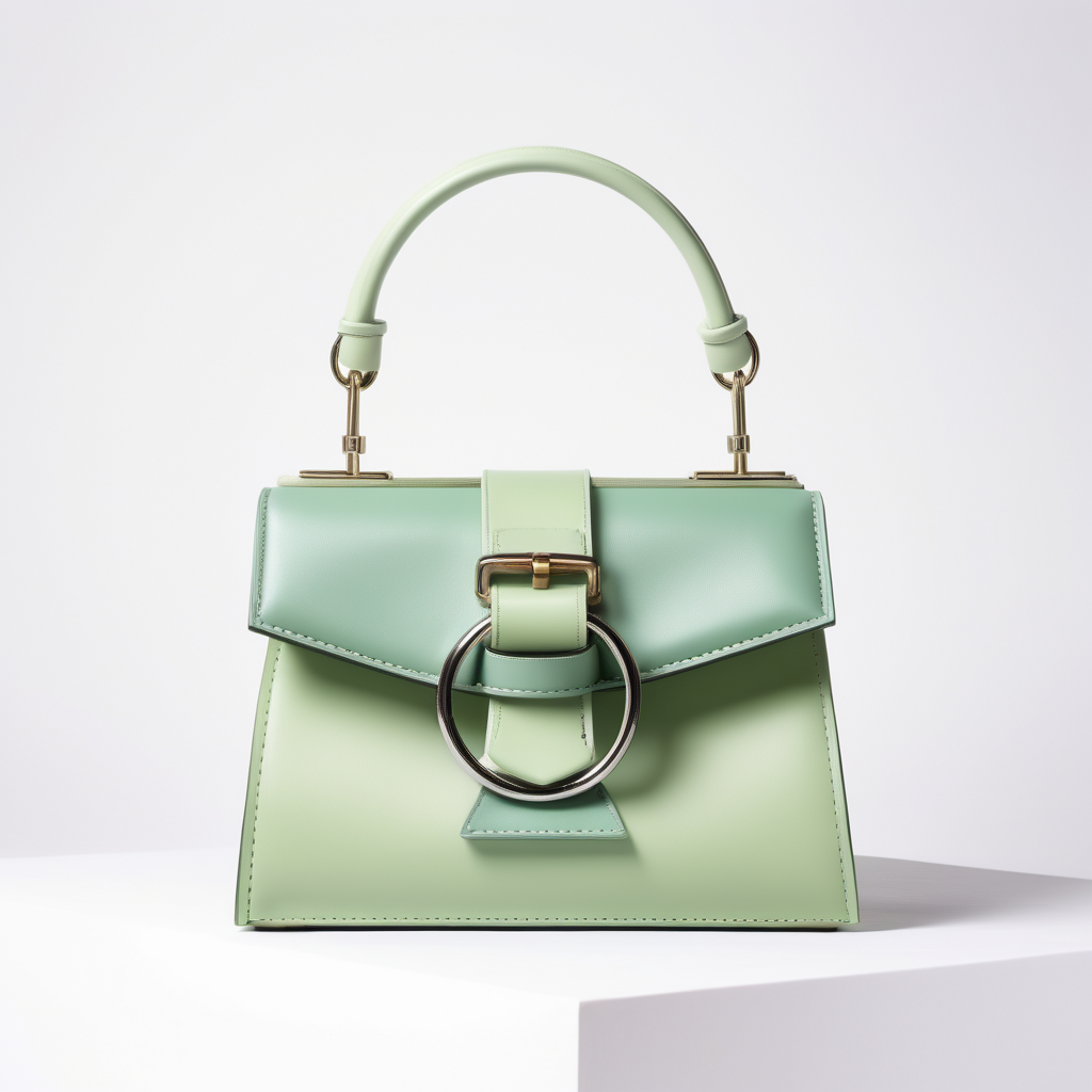 Optical illusione inspired luxury small leather bag - one handle - innovative shape - metal buckle - frontal view - pastel green shades