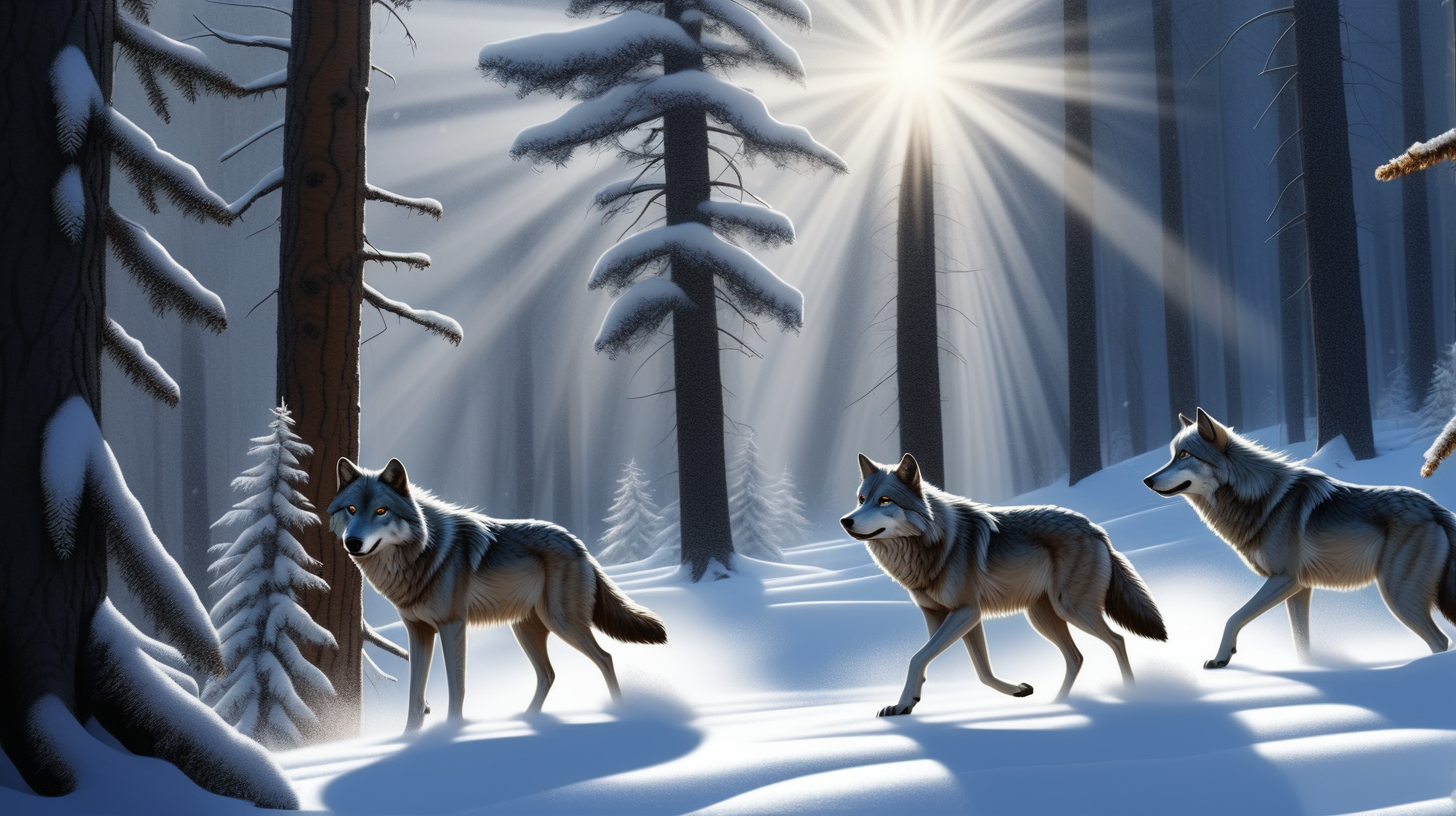 В лесу зима,  солнце светит ярко на синем небе, падает снег , снежинки кружатся в воздухе и ложатся на деревья высокие сосны, ели, дубы  и  на землю, образуют огромные сугробы. бегут  черные и серые волки. все они оставляют свои следы