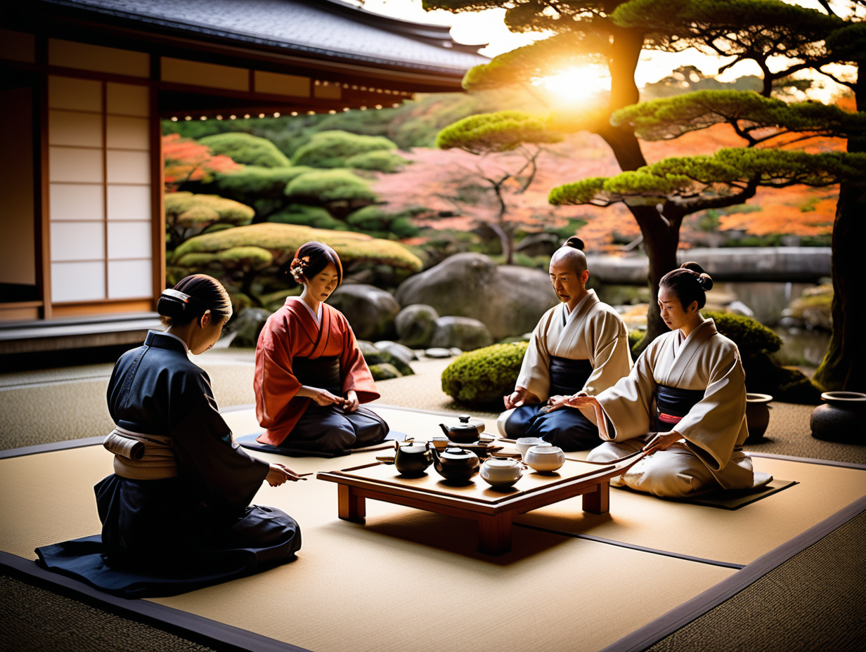 a tea ceremony with a tea master and 3 guests by the garden at Ryoanji Temple in Kyoto japan at sunset