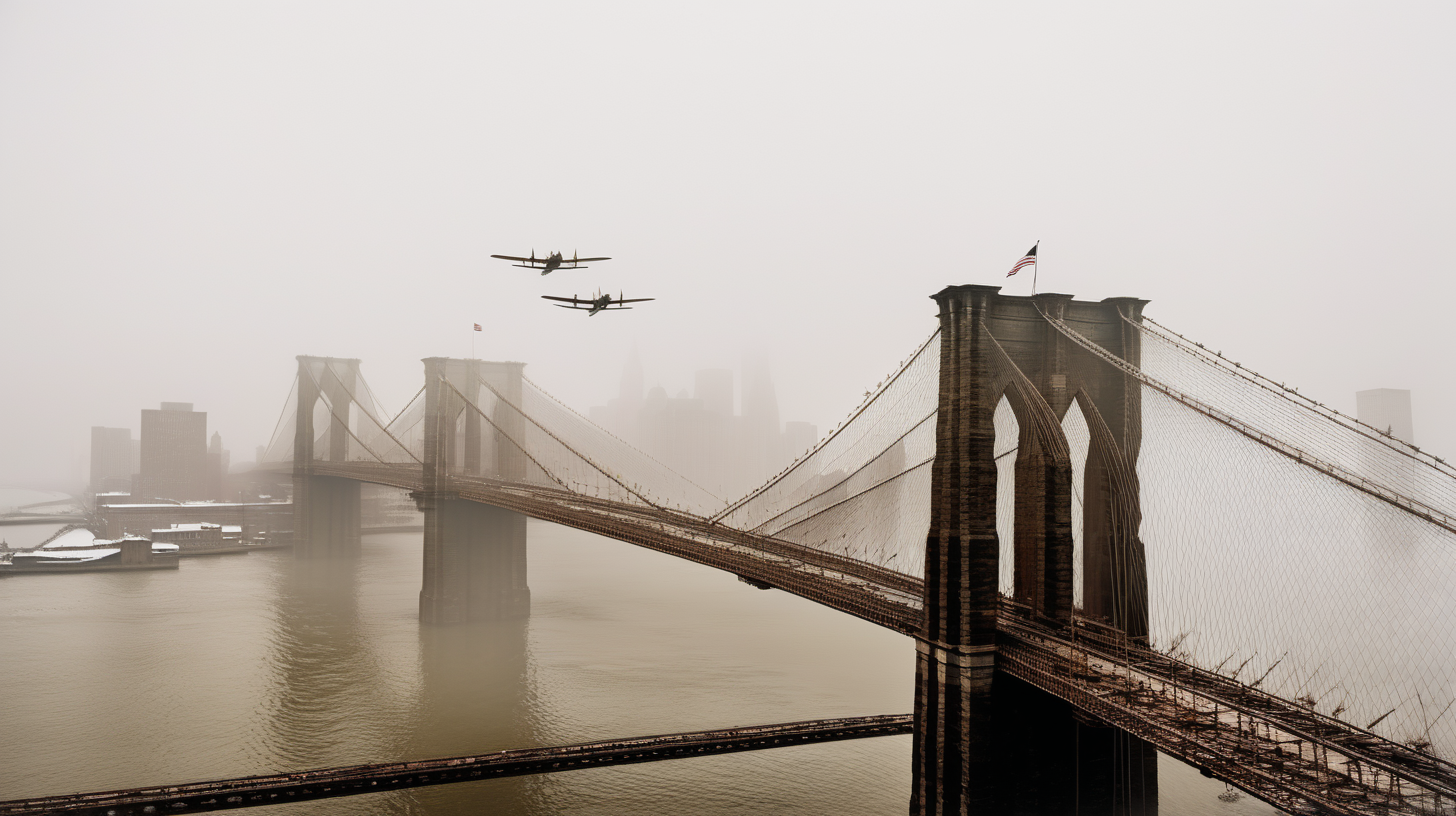 WW2 planes flying over Brooklyn bridge shrouded in fog 