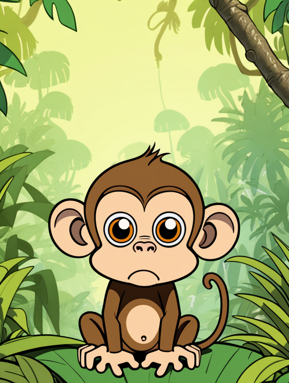 cartoon little monkey confused, sad and concerned, jungle background colourful, empty space above monkey  --AR 1:1.41-- 