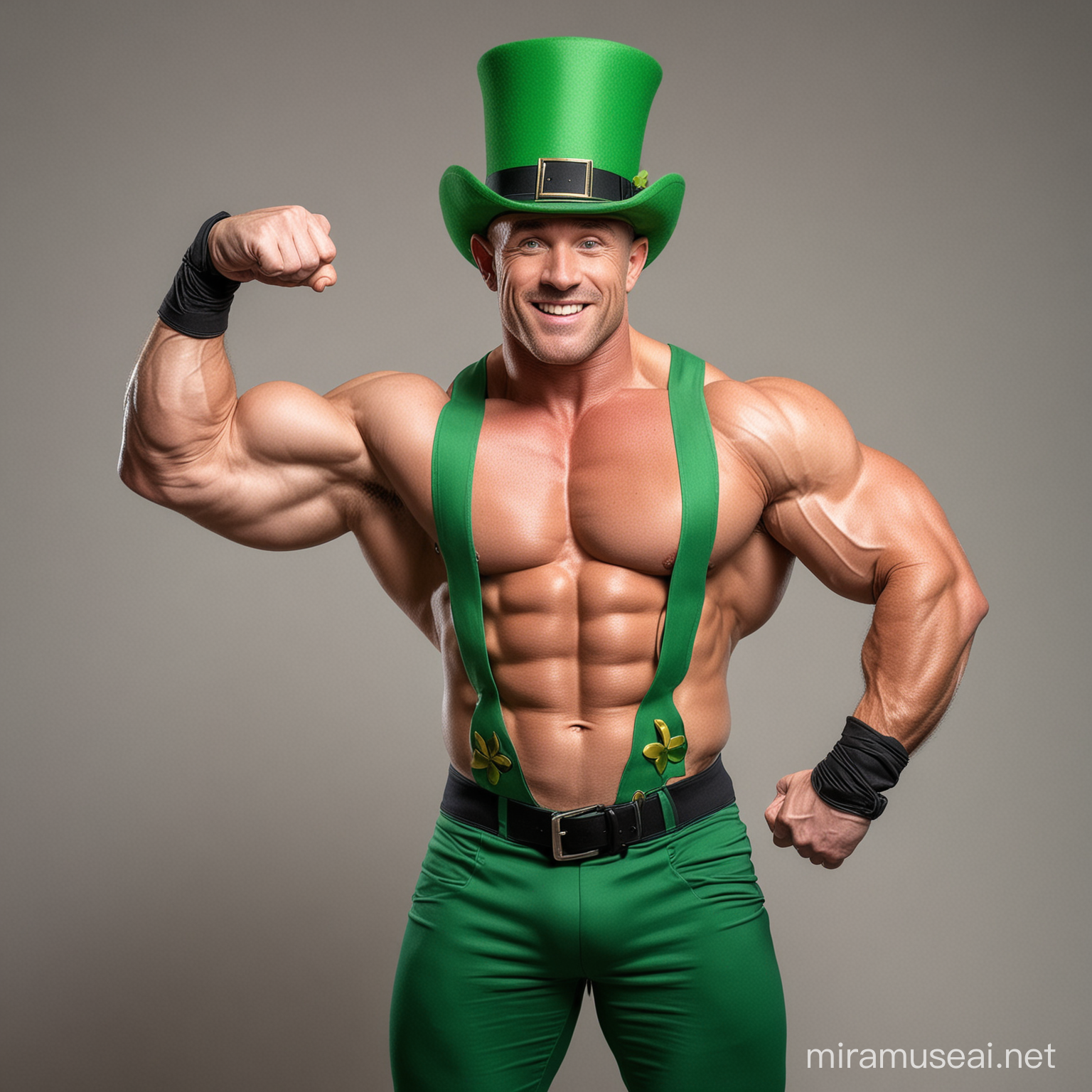 Beefy Irish Leprechaun Bodybuilder Flexing with Shamrocks