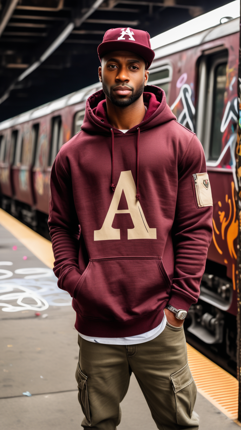 Attractive Black man, thirties, slim build, auburn, low haircut, wearing a burgundy hoodie, and khaki, BDU hat with the letter A on the side, and an egyptian phoenix printed, on the back of the hoody, wering dark brown denim, standing in front of a grafitti covered train, in Brooklyn NY