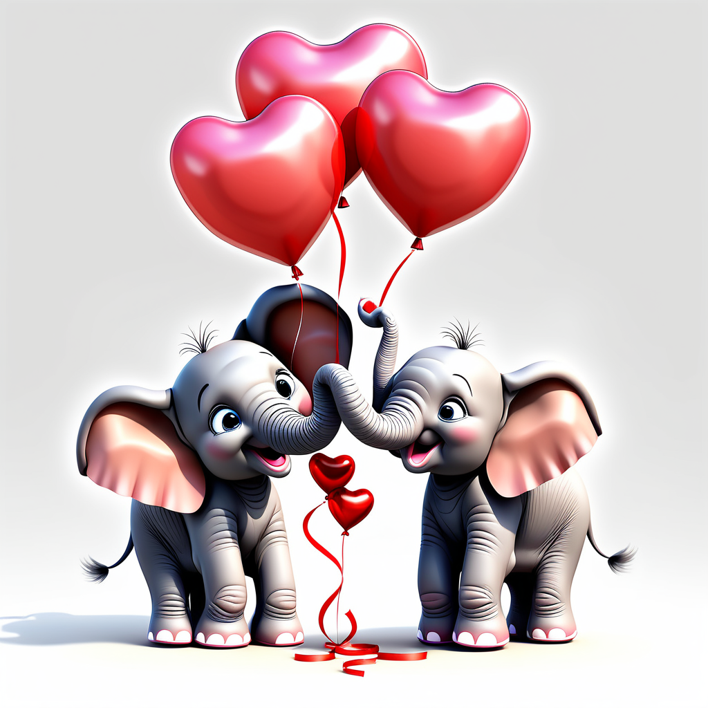 /envision prompt: "Charming Pixar 3D Elephant Calves with Valentine Balloons" clipart featuring baby elephants holding heart-shaped balloons against a white backdrop. Their playful expressions add a touch of Valentine's whimsy. --v 5 --stylize