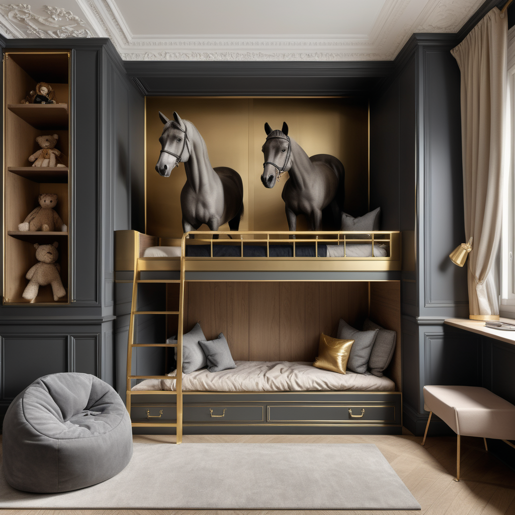 hyperrealistic image of a modern Parisian large childrens room with a built-in bunk bed; wall panelling; equestrian wallpaper ; beige, oak, brass and dark-grey colour palette