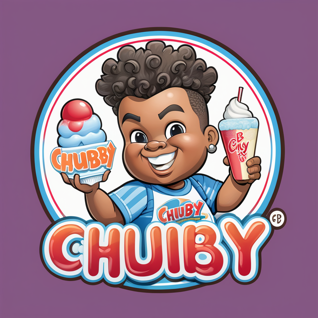 Creat an image of a stylized 3 dimensional emblem with resemblance to a badge or seal. The emblem features the words “Chubby Cheeks Iceys” in bold raised lettering. The central image is a chubby cheeked cute African American boy with a curly Mohawk holding an italian ice 