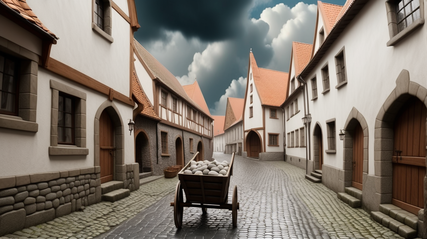 cobblestone medieval alley cloudy sky a handcart in