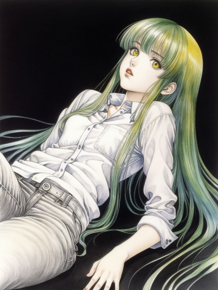 A slender adult girl with long green hair