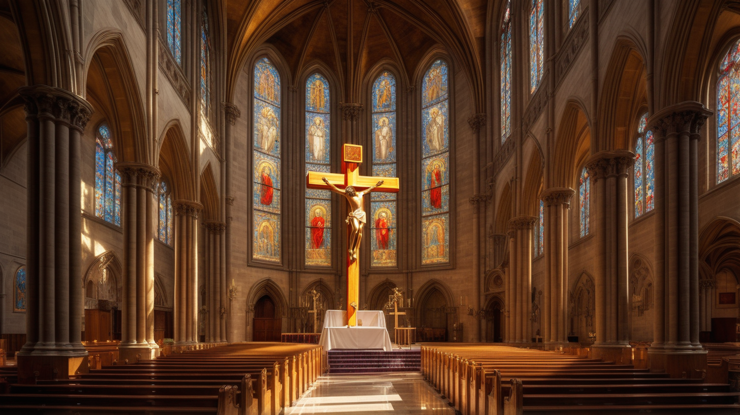 transept de cathédrale, vitraux renaissance, rayon de soleil au travers des vitraux, croix avec christ en or dans le fond, hotel au permier plan