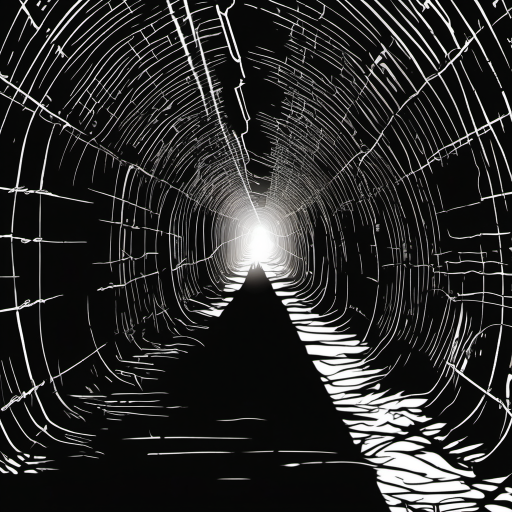 Tunnel Warfare: An underground view of a tunnel network beneath Gaza, illustrated in a shadowy, mysterious style, with beams of light piercing through, symbolizing hope amidst the secrecy and strategy of tunnel warfare.