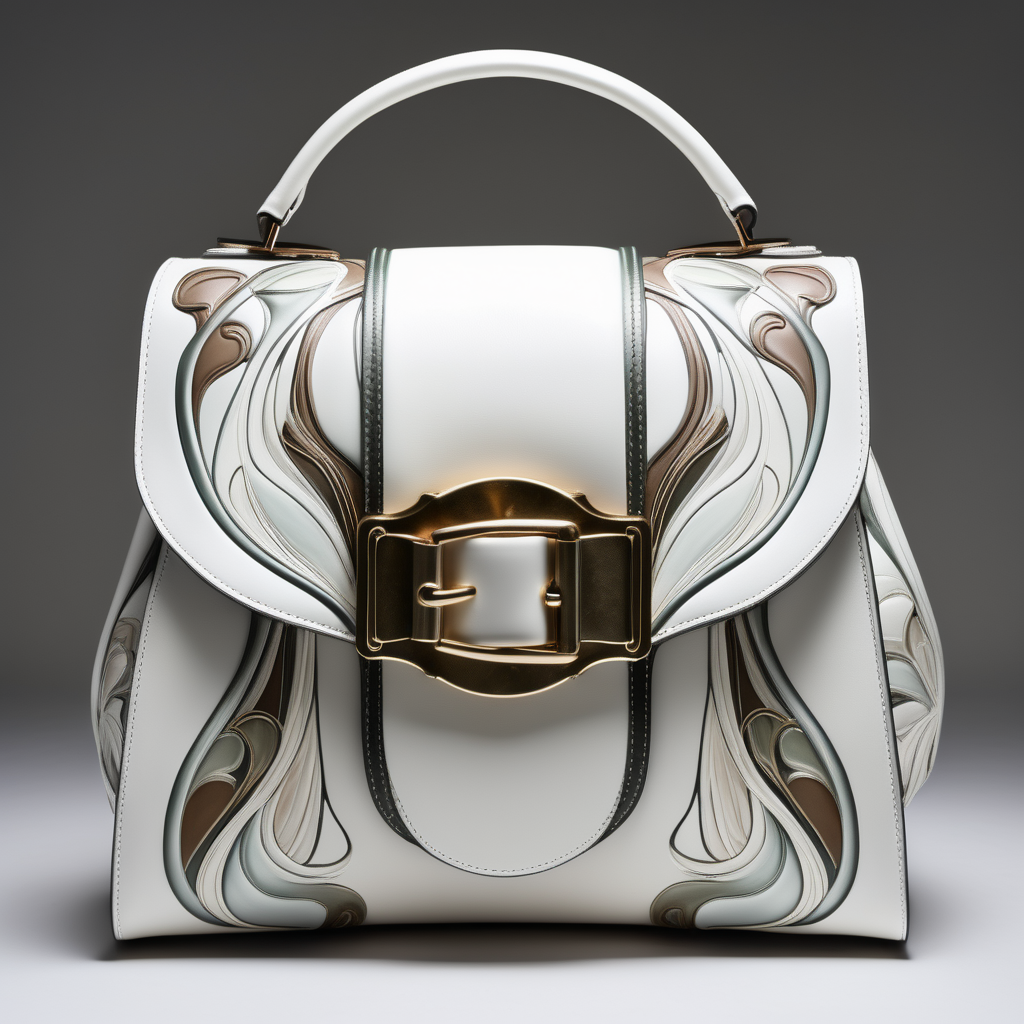 art nuoveau inspired luxury leather bag with flap and metal buckle - White shades - frontal view