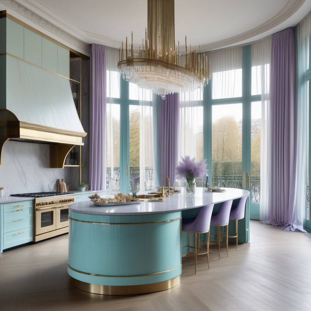 hyperrealistic image of large modern Parisian kitchen with island, floor to ceiling windows, curves, ivory, aqua, lilac and brass colour palette, brass chandelier, sheer curtains