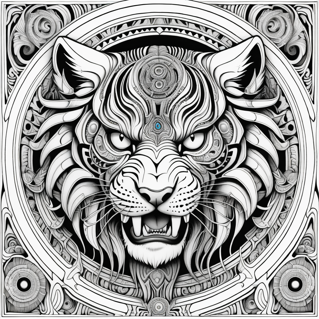 black & white, coloring page, high details, symmetrical mandala, strong lines, sabretooth tiger with many eyes in style of H.R Giger