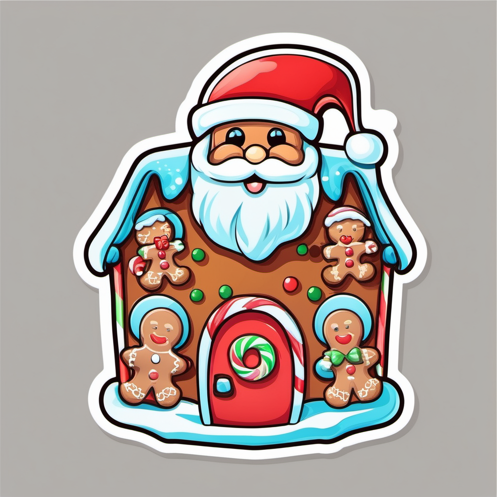 . Sticker, Santa Claus with a candy Gingerbread House, 
cartoon clipart, vector image, flat white background