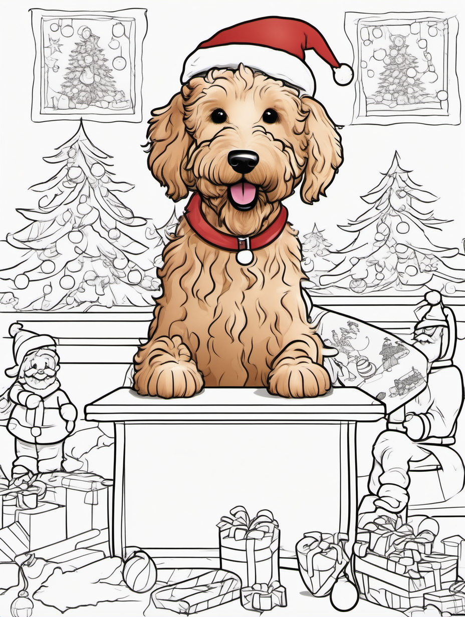 A cute smiling goldendoodle working in a whimsical Santa’s workshop with elves for a coloring book with black lines and white background