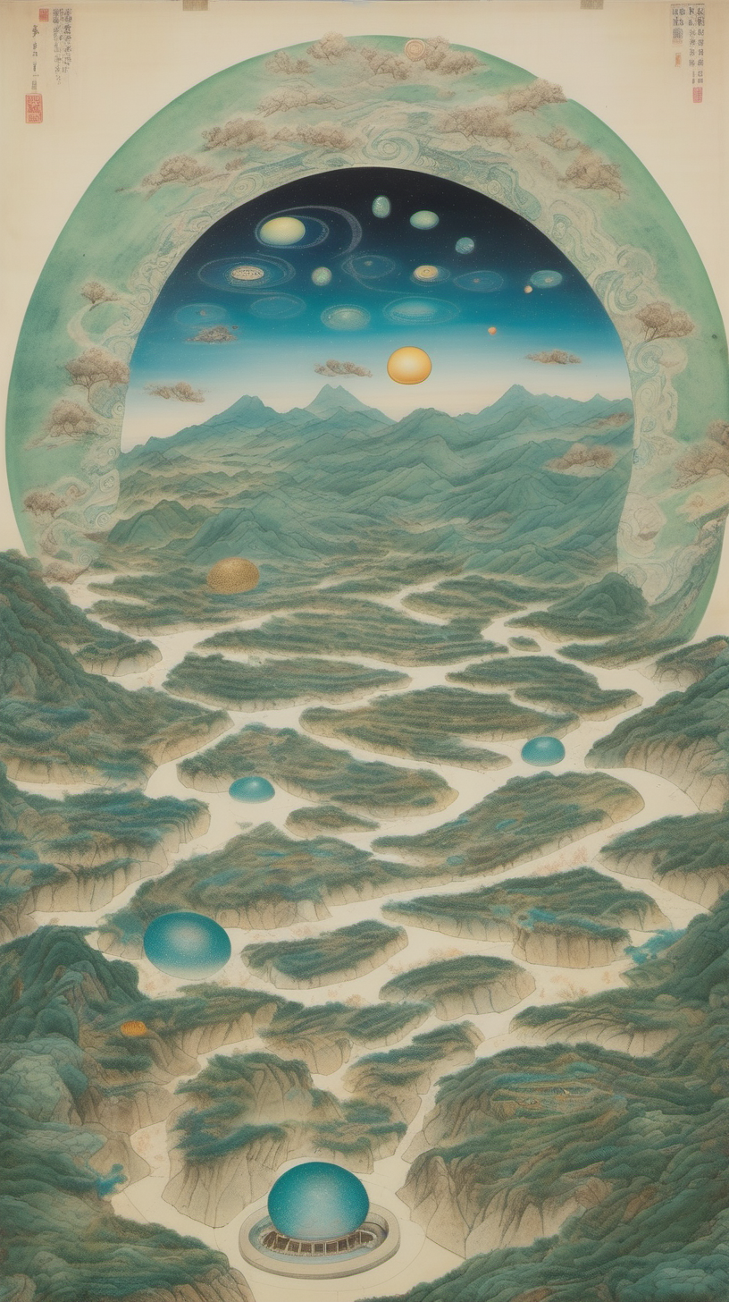 chinese gongbi drawing, with traversable wormhole, other worldly scenery, cosmos, quail eggs, greenblue mountain, underground, flow