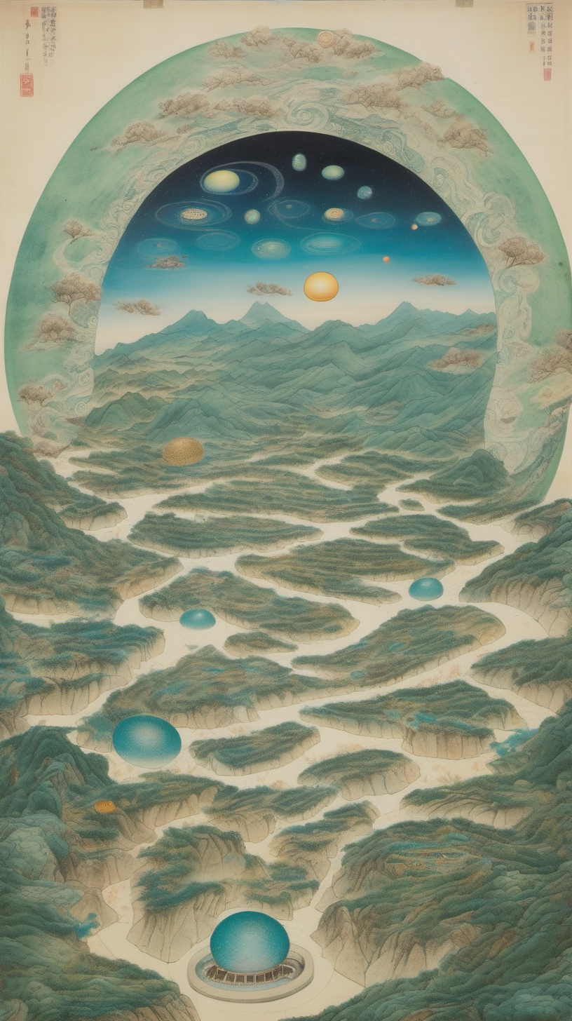 Chinese gongbi drawing with traversable wormhole otherworldly scenery