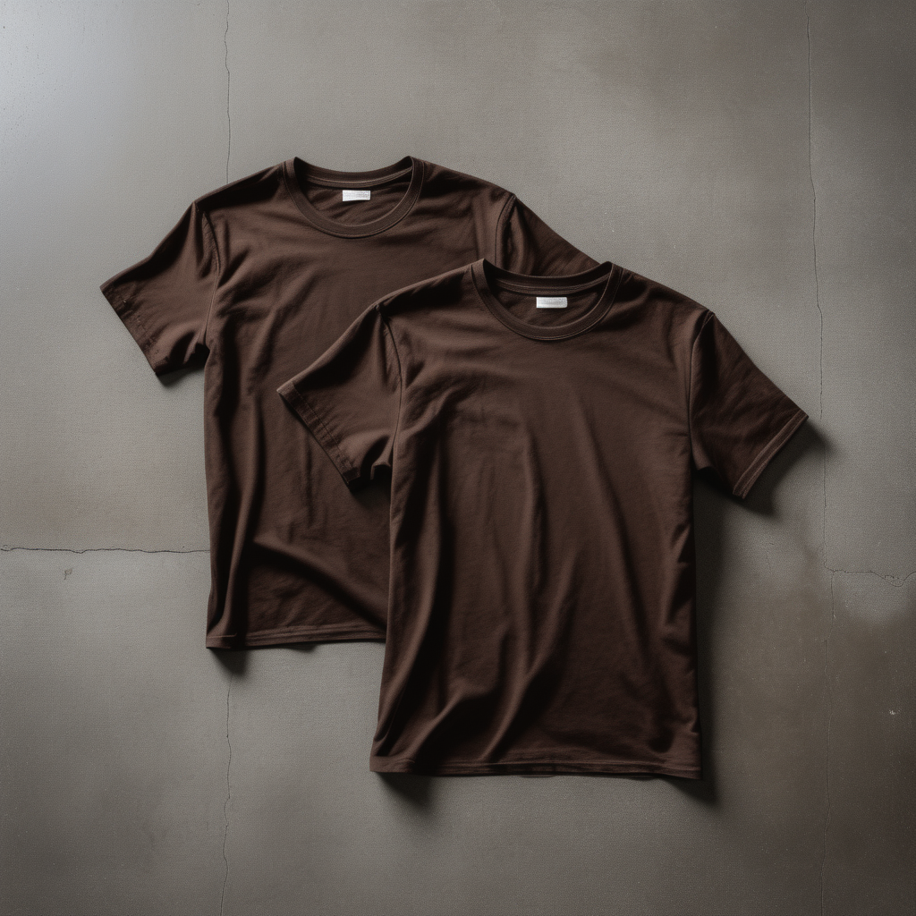 front side of 2 dark brown t-shirts on concrete floor