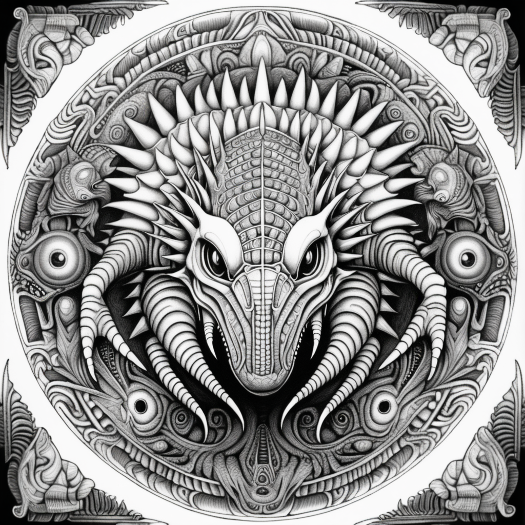 black & white, coloring page, high details, symmetrical mandala, strong lines, ankylosaurus with many eyes in style of H.R Giger