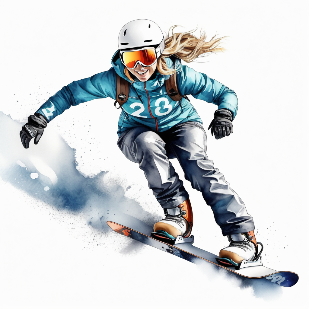 white backgroundcreate a realistic illustrationdetailed shot of snowboardwomanEster