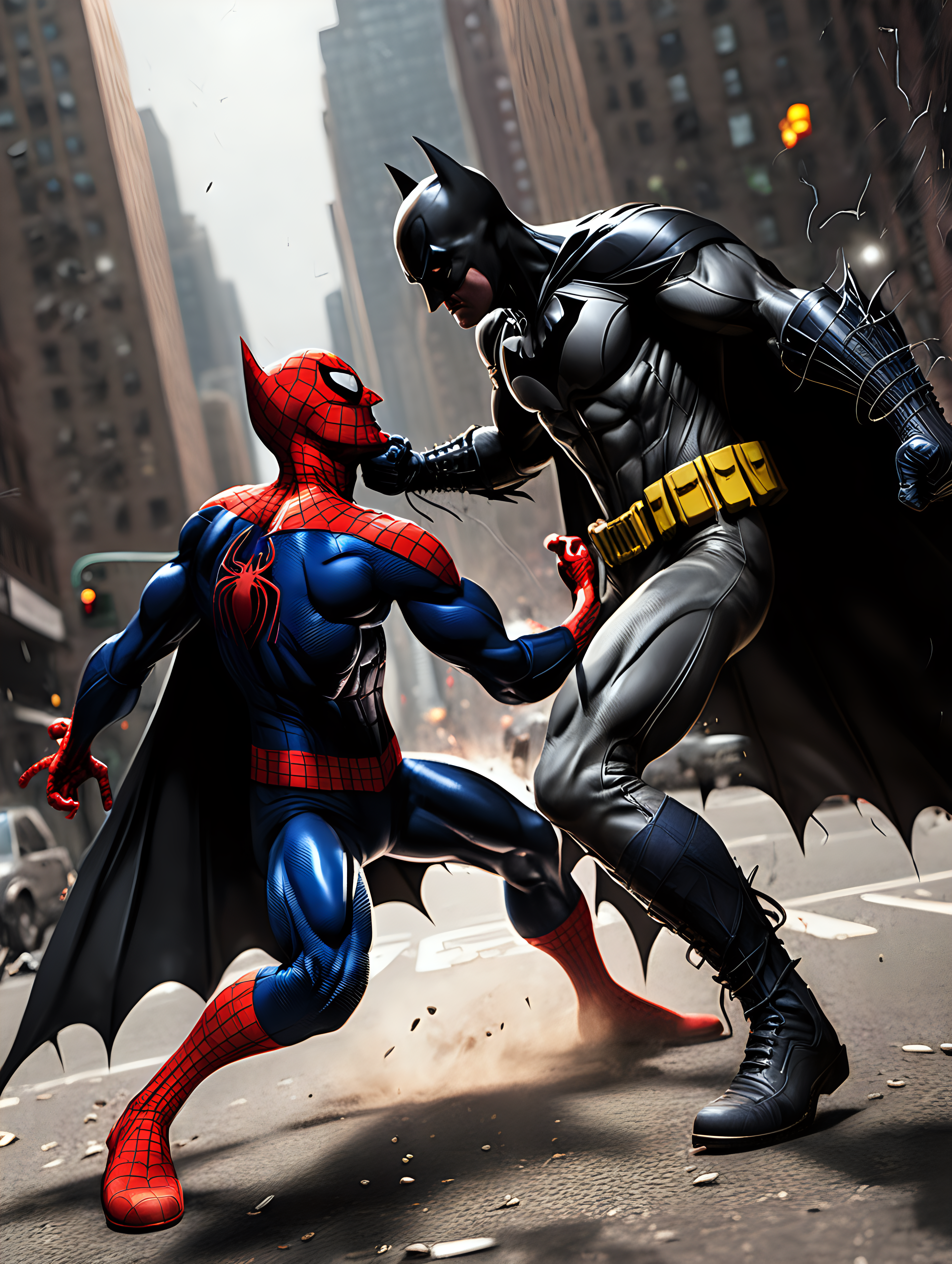 The Batman fighting the Spiderman
