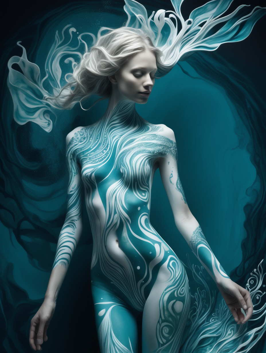 human by juliane schreiner, in the style of intricate underwater worlds, flowing fabrics, dark turquoise and light white, intricate body-painting, ultrafine detail, nature-inspired motifs --ar 3:4 --s 750 --v 5. 2 --style raw