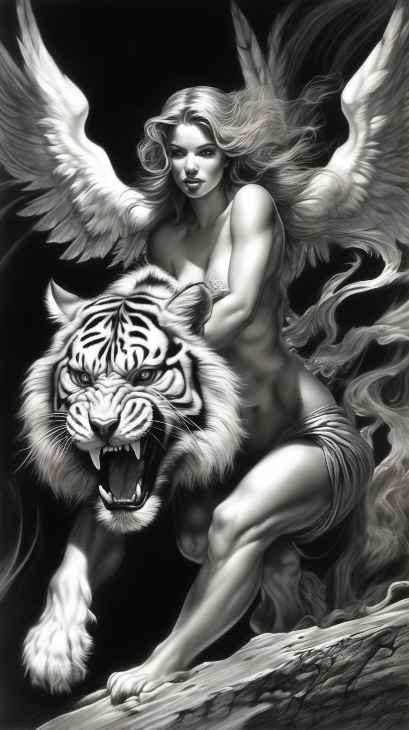 /imagine prompt : a hyper realistic black and gray Boris Vallejo drawing, feautered a beautiful angel ride a tiger create a sureal fantasy atmosphere
<background>white papaer
<style>pencil drawing
