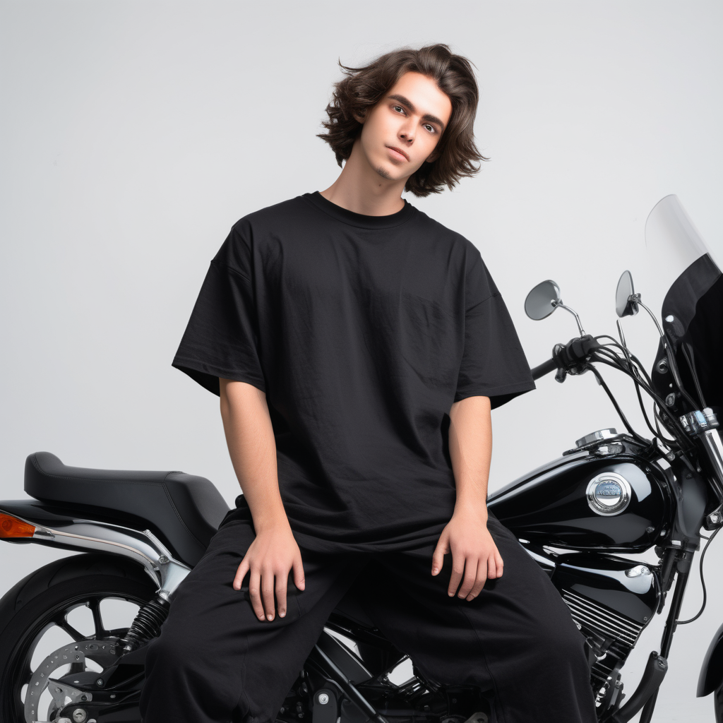 person sitting on motorycle bike showing front with oversized black t shirt that is blank