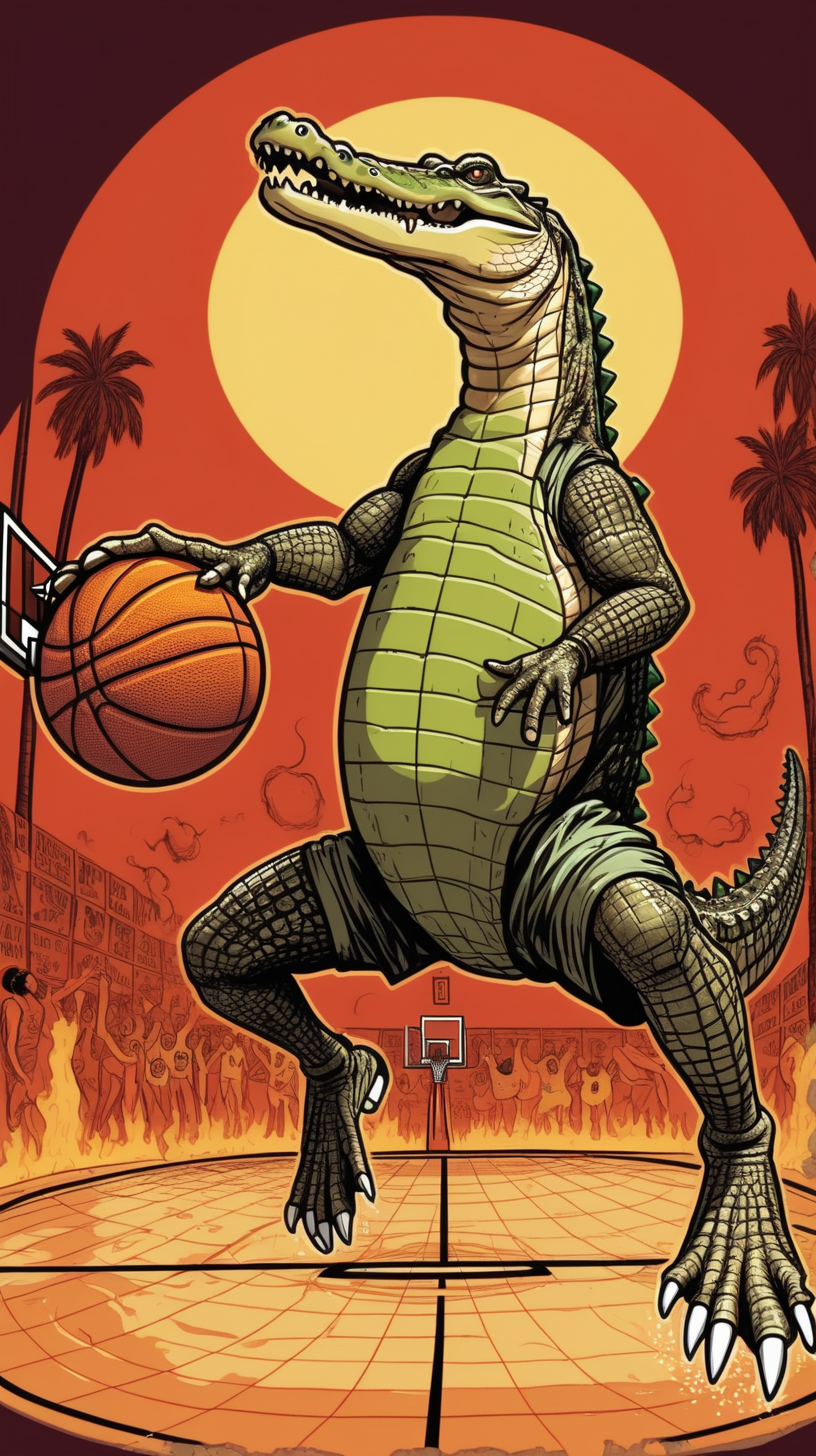 crocodile dunking a basketball, on hell