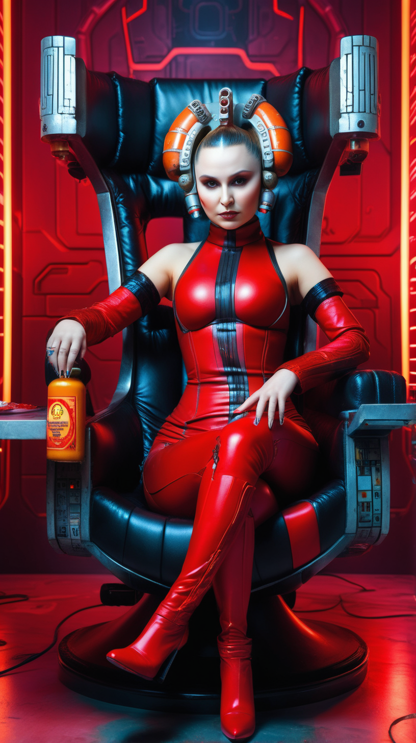 sexy queen amidala sits in cyberpunk chair with