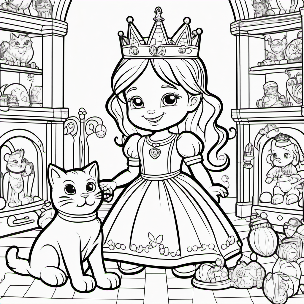 coloring pages for young kids, a toddler princess wearing a crown playing with toys inside her royal nursery with her pet kitty inside a castle,cartoon style, thick lines, low detail, no shading  