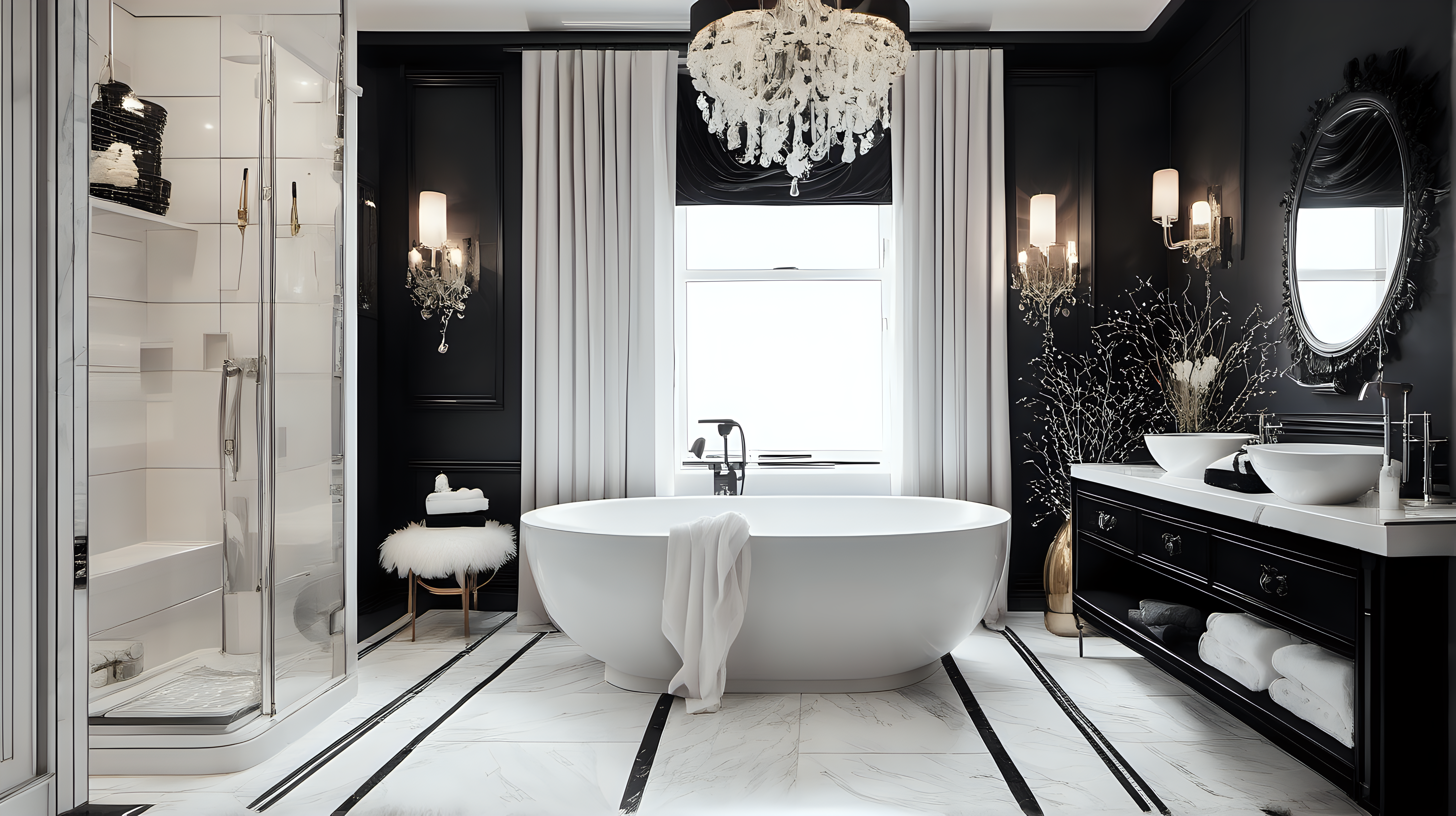 cozy Interior bathroom with black and white luxury details
