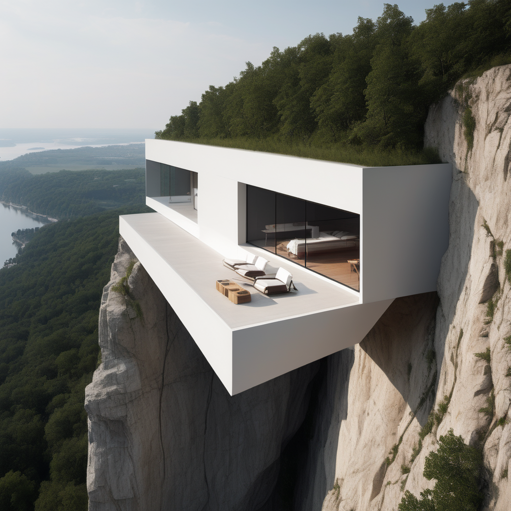 Make a minimalistic house hanging out on a high cliff 
