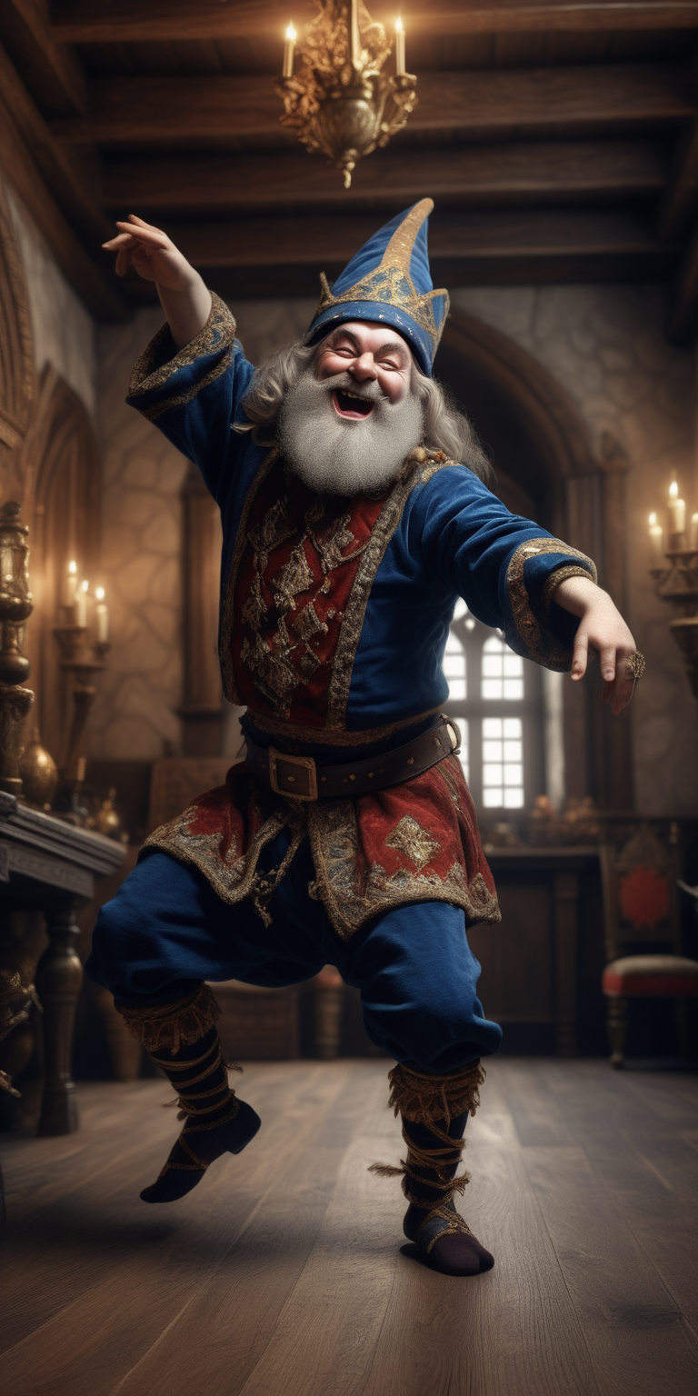 realistic medieval dwarf Jester dancing in the kings room