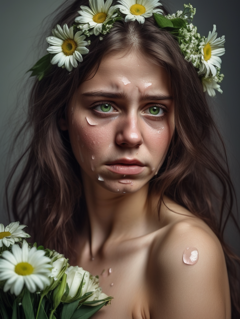 Naked 30 years girl  with flowers and sad face with tears.i want her to be brunette with green etes
