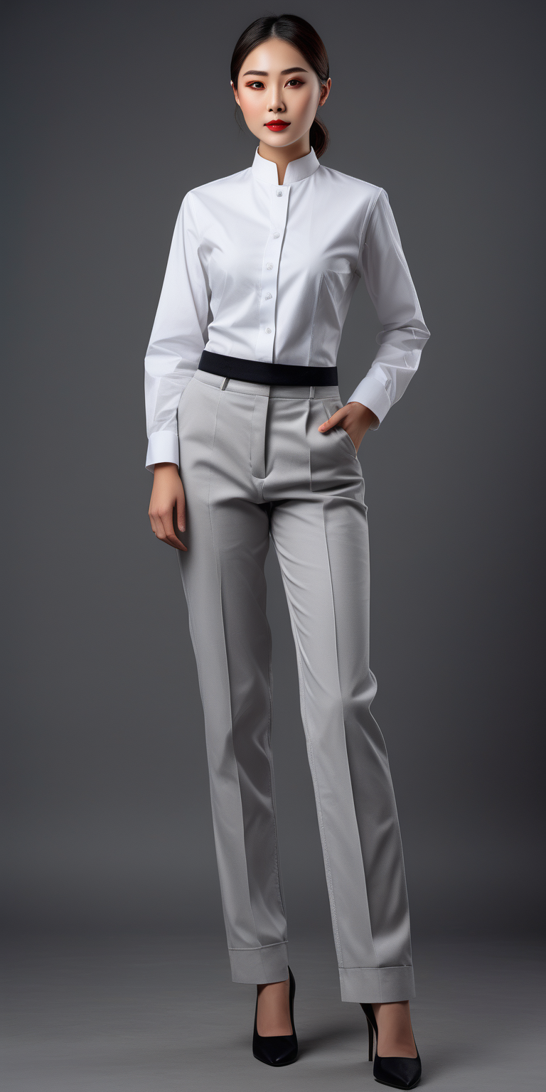 woman waiter uniform, long sleeve white shirt, modern style design, modern details, mandarin collar, light gray classic canvas trousers, cigarettes trousers ,uniform design,  full body, art,  35mm photography, modern fashion, gray backround, 