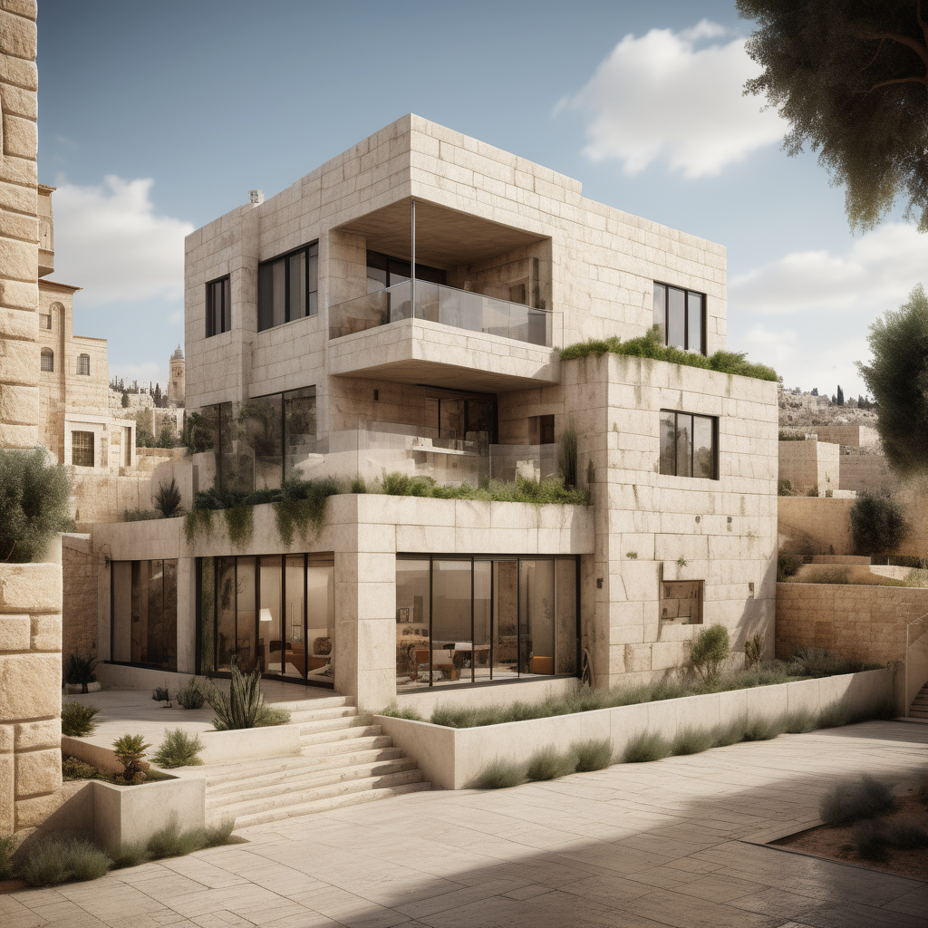 a hyperrealistic image of a Modern Jerusaleminspired home