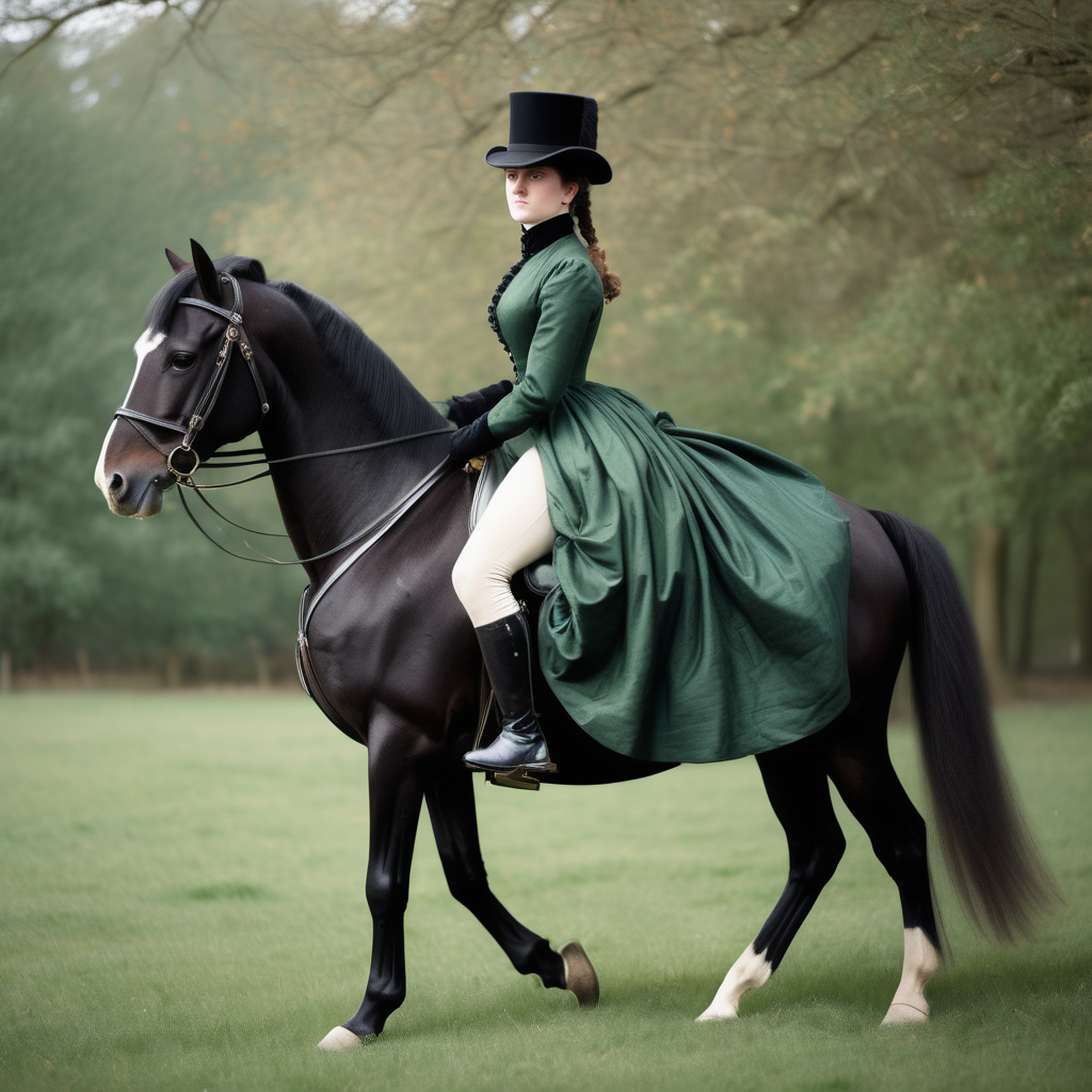 Regency era young woman riding a horse side saddle and wearing a dark green riding frock.