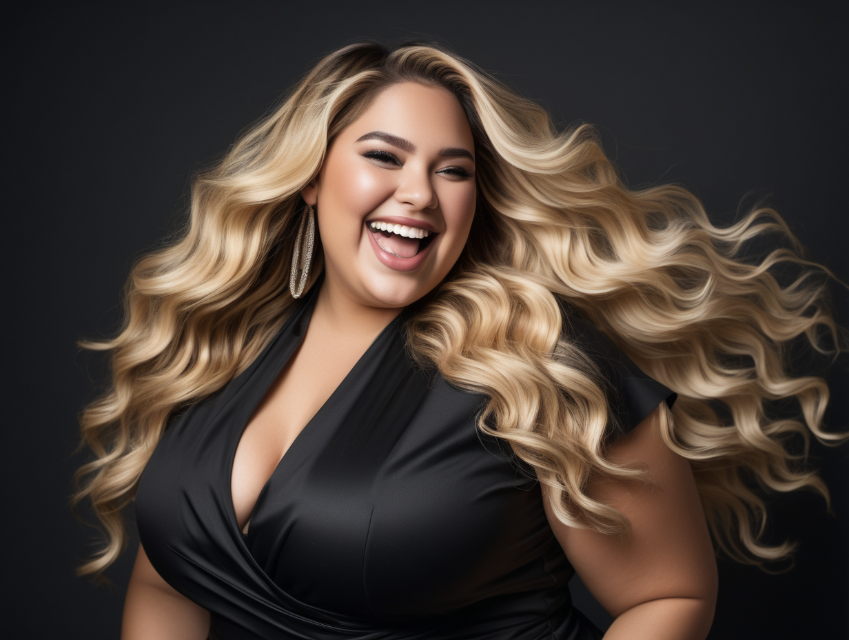 photoshoot of a plus size female latina model in long dimensional wavy blonde balayage hair posing and laughing in black upscale attire