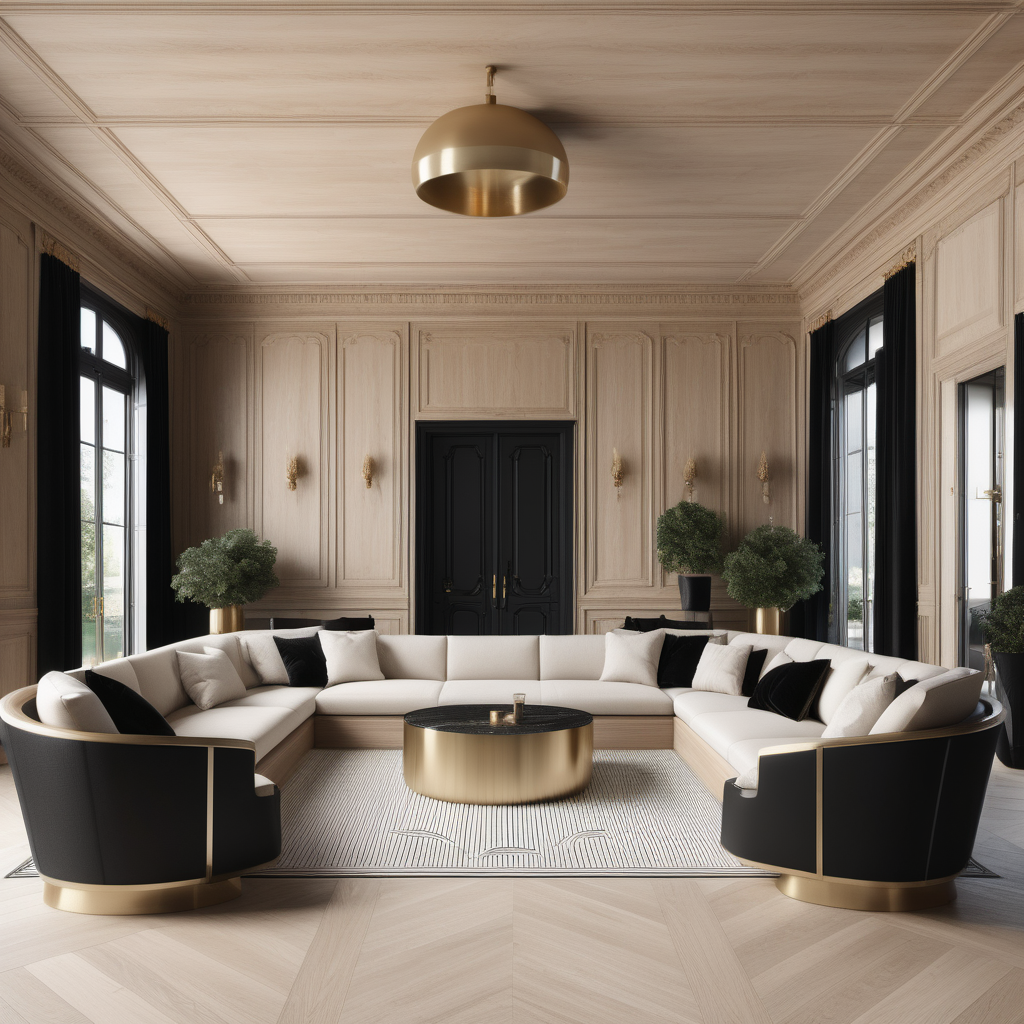 A hyperrealistic image of a grand, elegant modern Parisian pool house interior in a beige oak brass and black colour palette