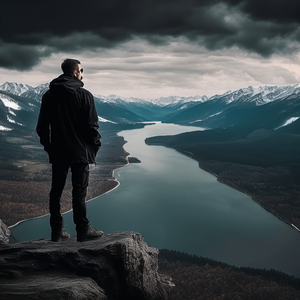 Man standing on the edge of a cliff looking at the view of Lake and mountains Dark themed