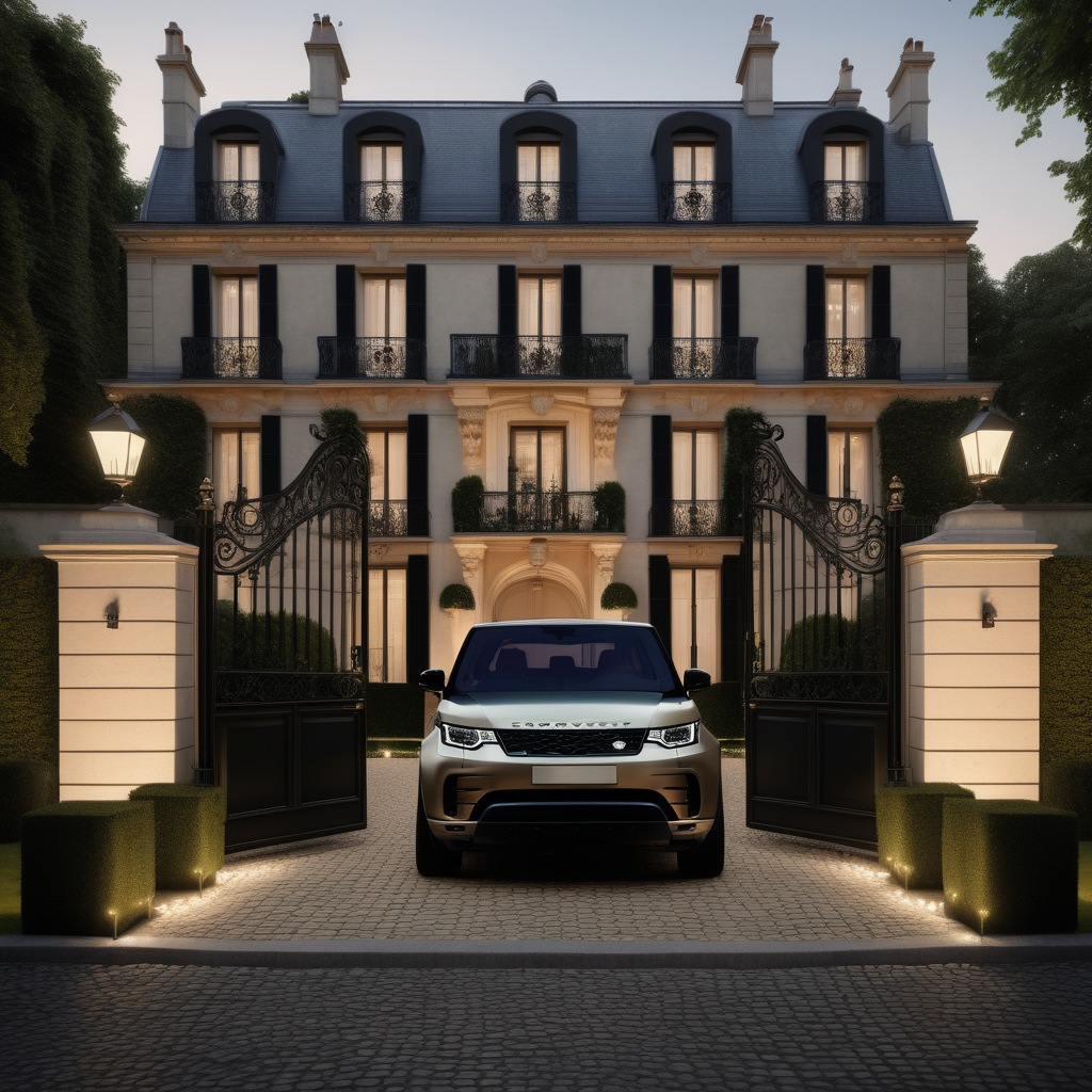 a hyperrealistic of an elegant Modern Parisian estate home exterior with mood lighting, a black Range Rover 2023 Discovery parked on the cobblestone driveway black wrought iron gates with lush gardens, in a beige oak brass and black colour palette 
