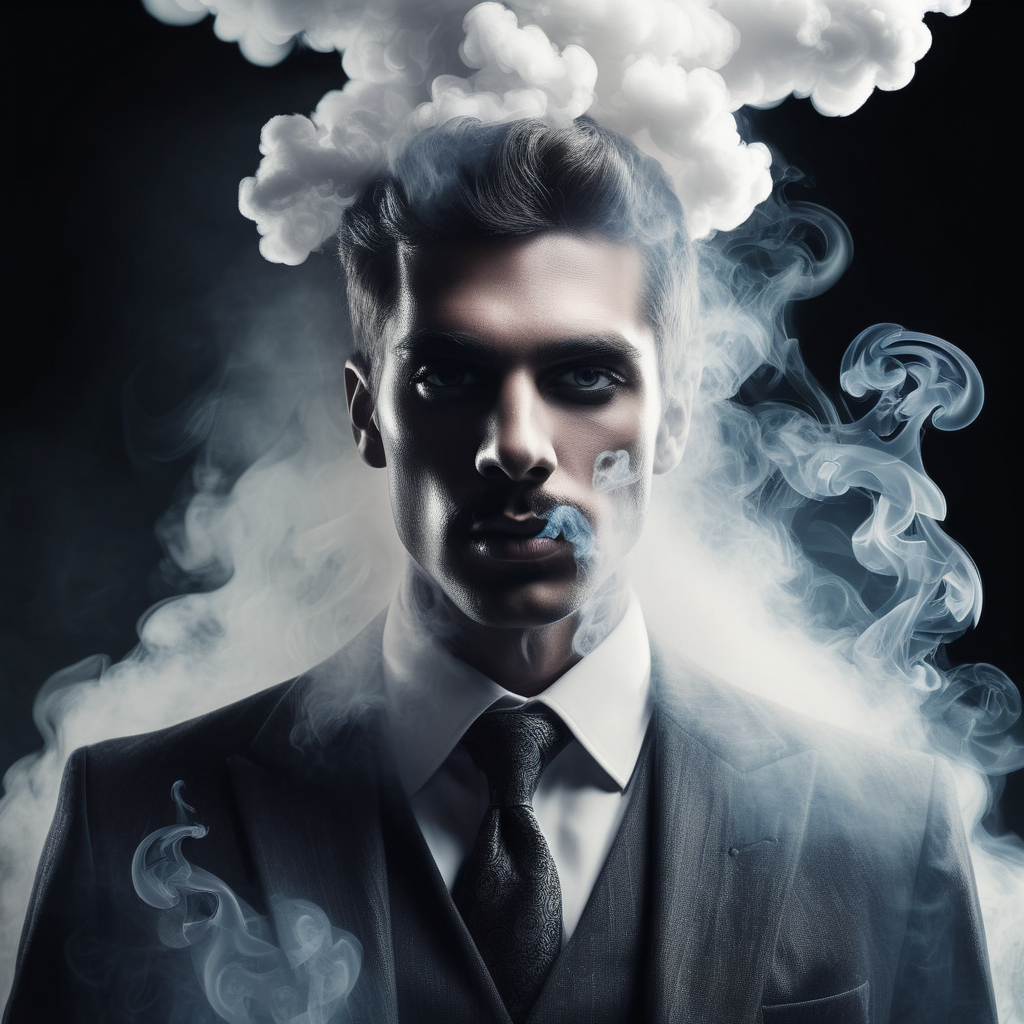 create a mysterious looking man embarked in smoke