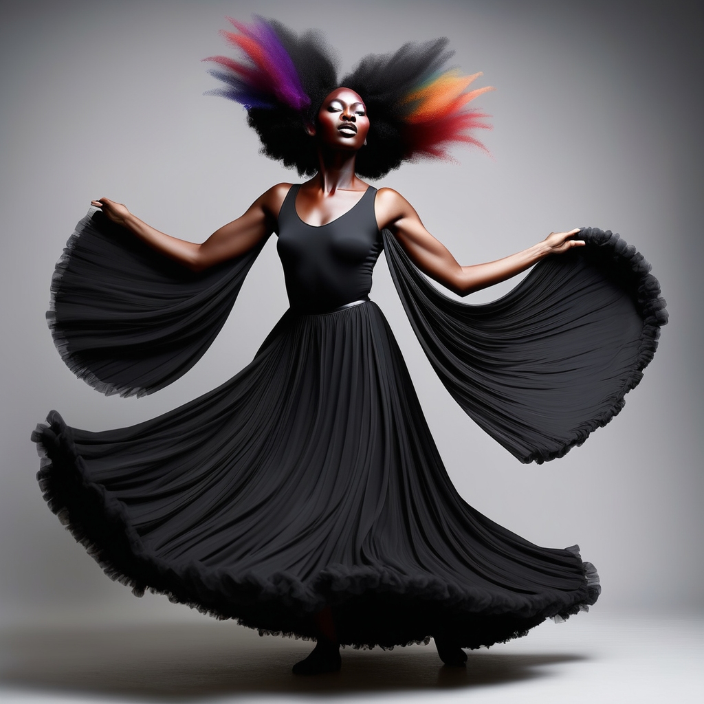 Eine dunkelhutige Schwarze Frau in farbenfrohen flieenden Kleidern