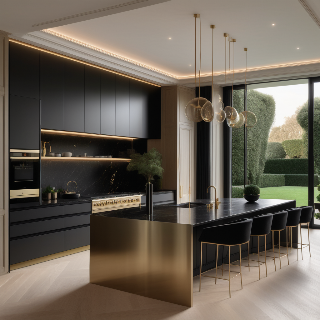 a hyperrealistic of an elegant Modern Parisian estate home kitchen with island, mood lighting, floor to ceiling windows with a view of the manicured gardens, in a beige oak brass and black colour palette 
