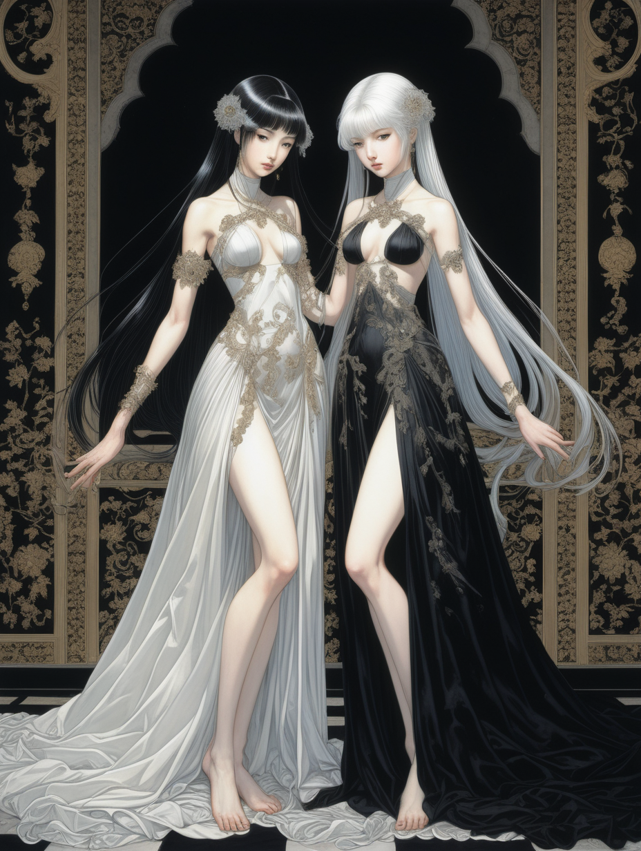 Two girls in a floorlength dress They have