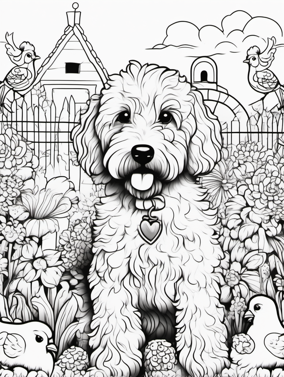 A cute goldendoodle in a whimsical garden with 2 chickens for coloring book with black lines and white background