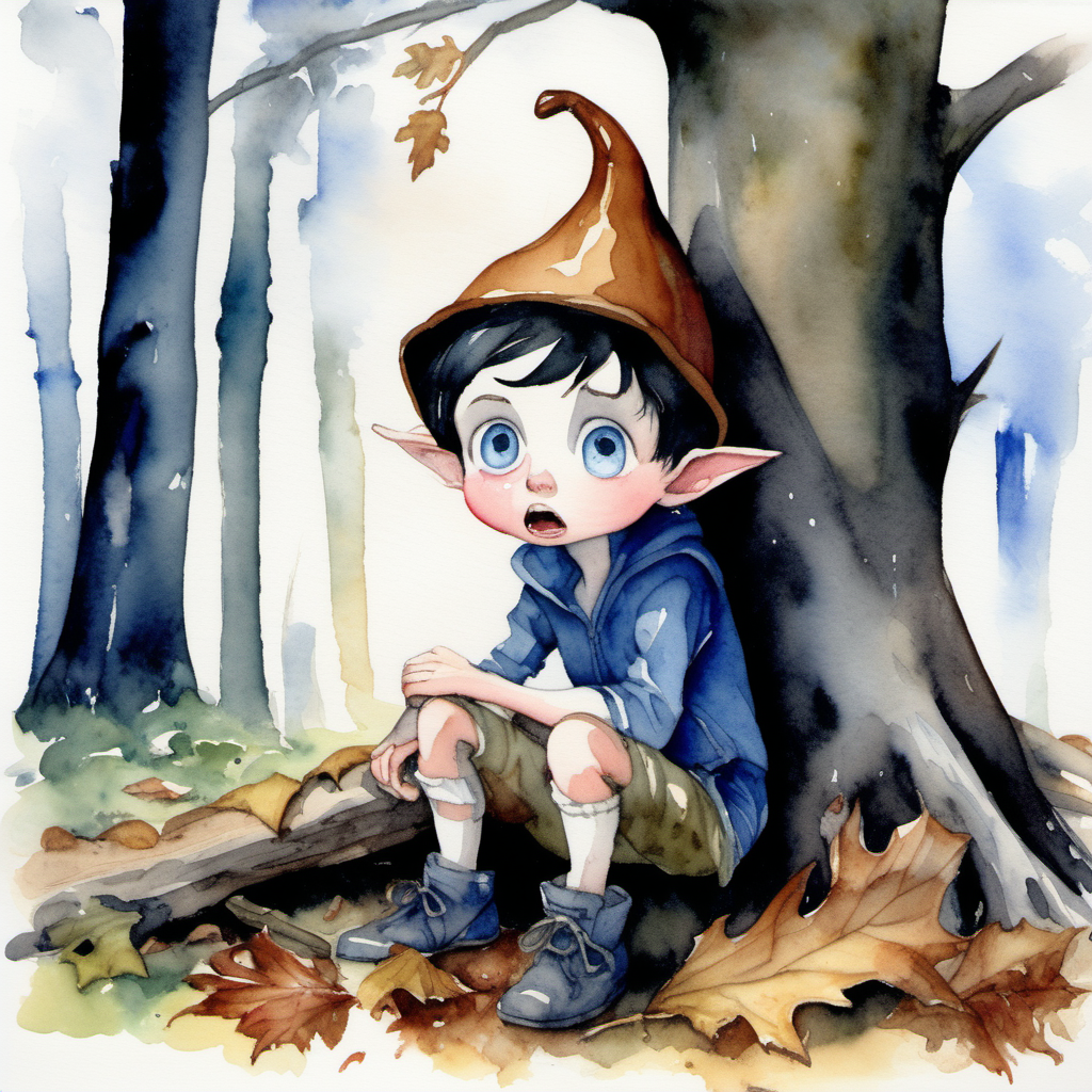 A watercolor painting of a young dark haired pixie with blue eyes wearing an acorn hat who is very frightened and is cowering under a fallen tree