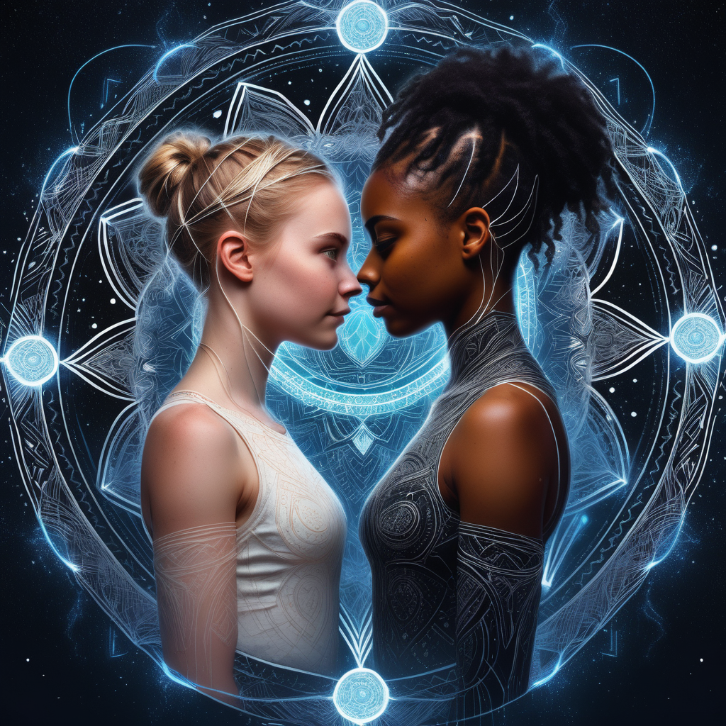 book cover design for a sci-fi story about love between a white young adult woman and a young black woman in the middle of a mandala made of glowing threads of fate